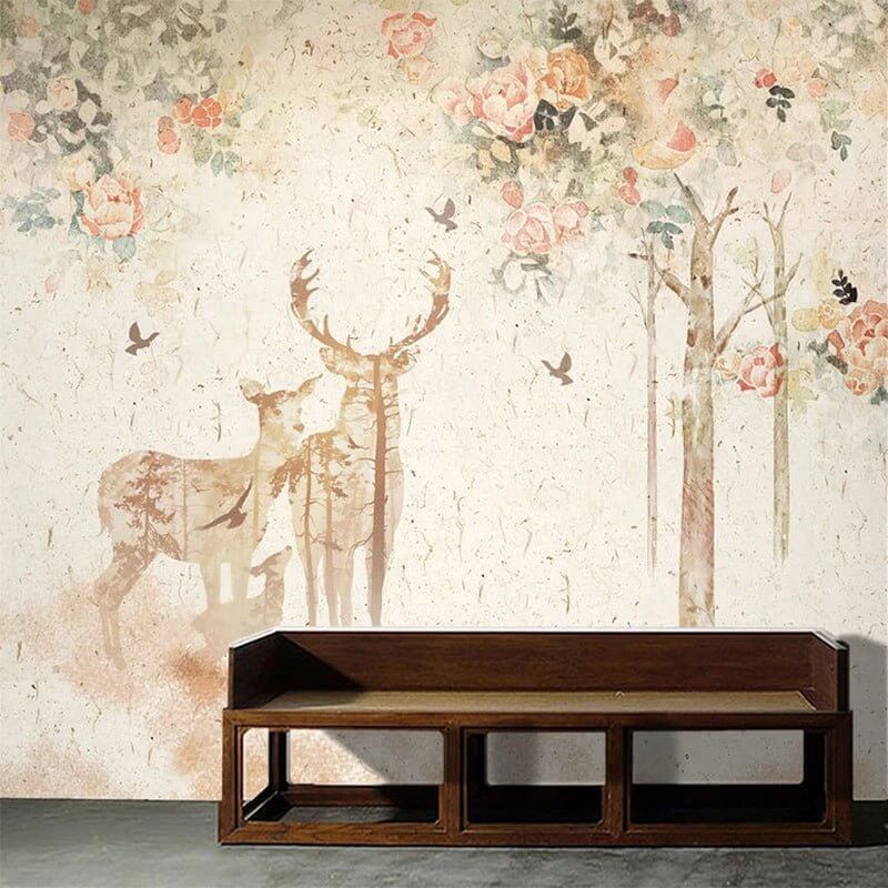MinimalisticDecor.com-Floral Meadow with Deer - Nature-Inspired Wallpaper