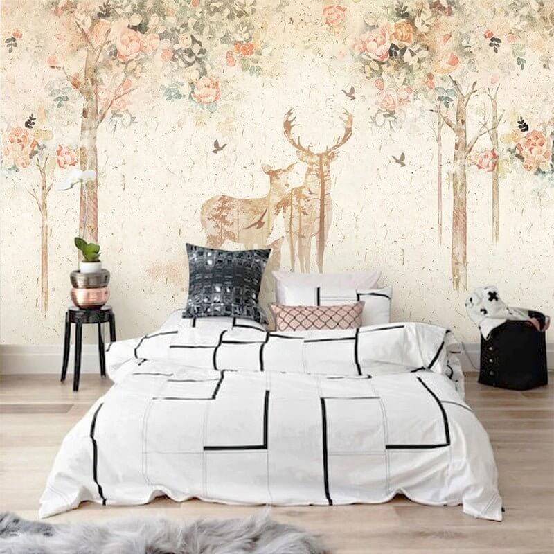MinimalisticDecor.com-Floral Meadow with Deer - Nature-Inspired Wallpaper