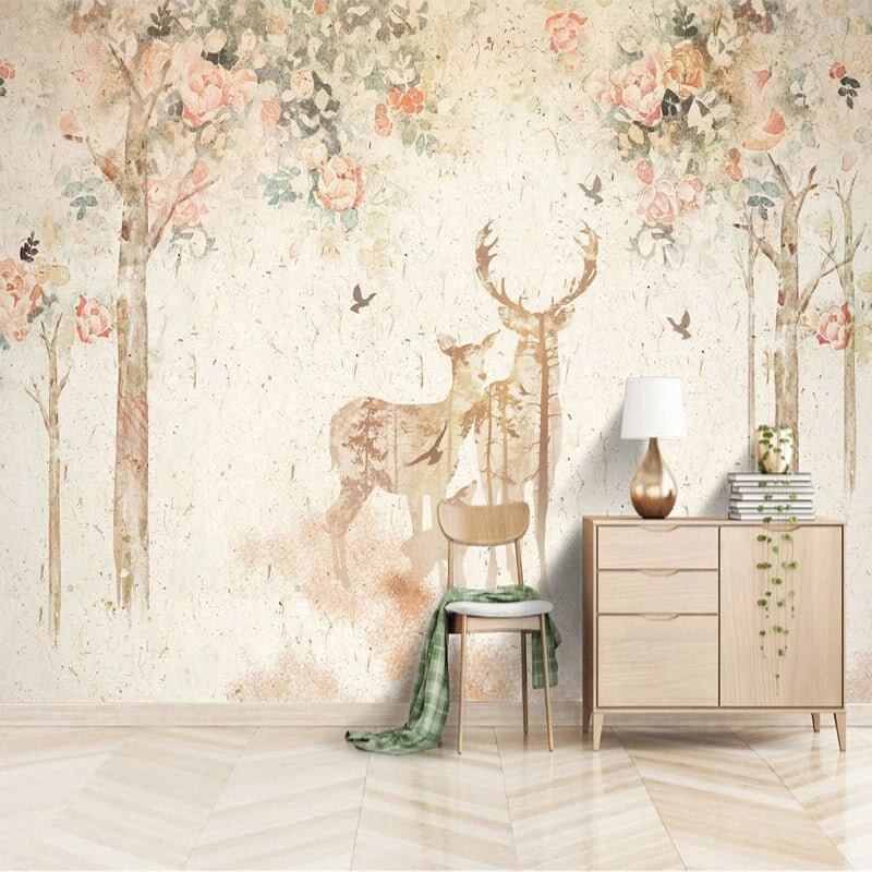 MinimalisticDecor.com-Floral Meadow with Deer - Nature-Inspired Wallpaper