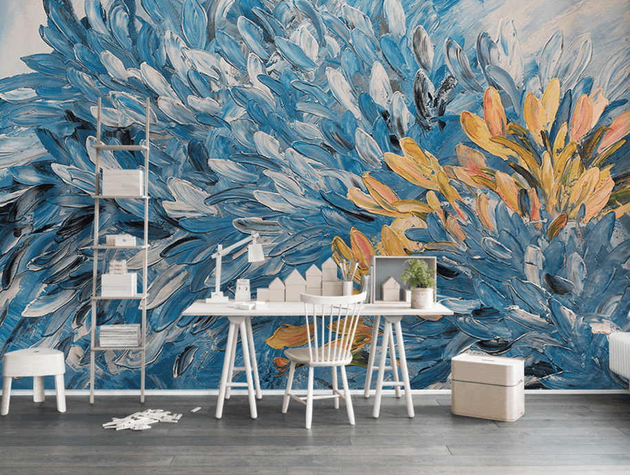 MinimalisticDecor.com-Floral Painting Blue & Gold Wallpaper Murals