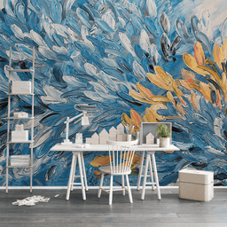 MinimalisticDecor.com-Floral Painting Blue & Gold Wallpaper Murals