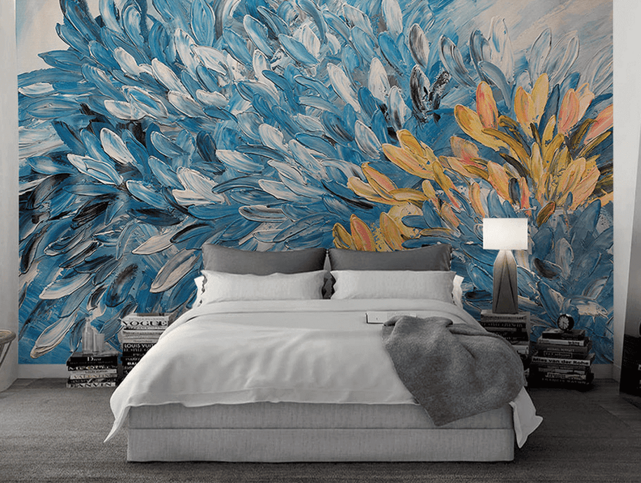 MinimalisticDecor.com-Floral Painting Blue & Gold Wallpaper Murals