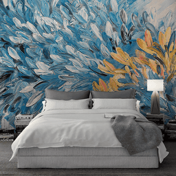 MinimalisticDecor.com-Floral Painting Blue & Gold Wallpaper Murals