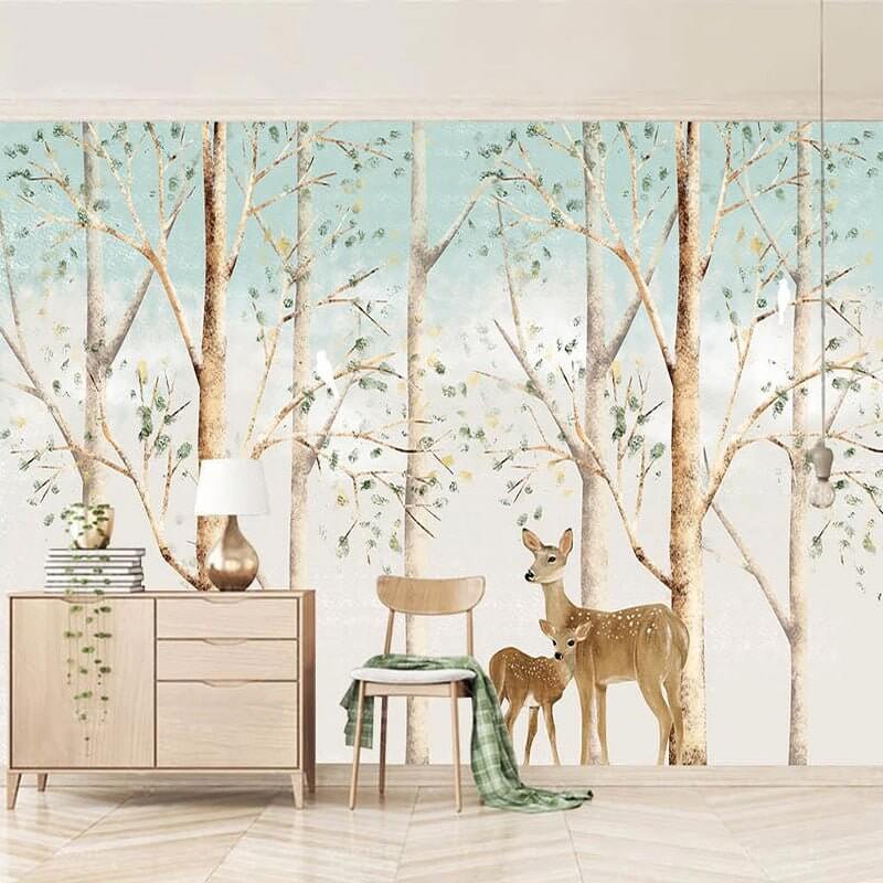 MinimalisticDecor.com-Forest Friends: Kids Room Deers in Forest Wallpaper