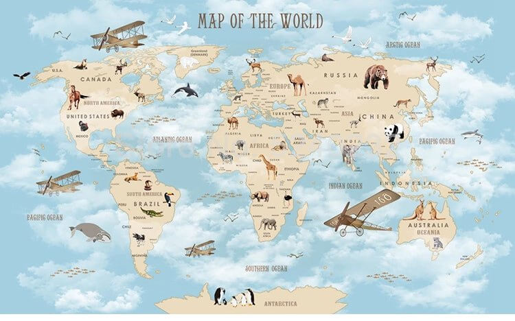 MinimalisticDecor.com-GeoExplorers: Interactive Blue Theme World Map Wallpaper for Kids