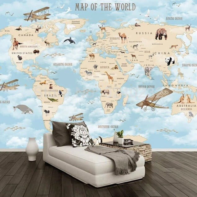 MinimalisticDecor.com-GeoExplorers: Interactive Blue Theme World Map Wallpaper for Kids