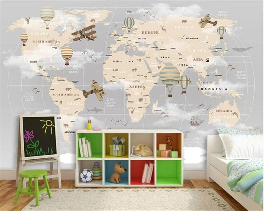 MinimalisticDecor.com-GeoExplorers: Interactive Greyish Theme World Map Wallpaper for Kids
