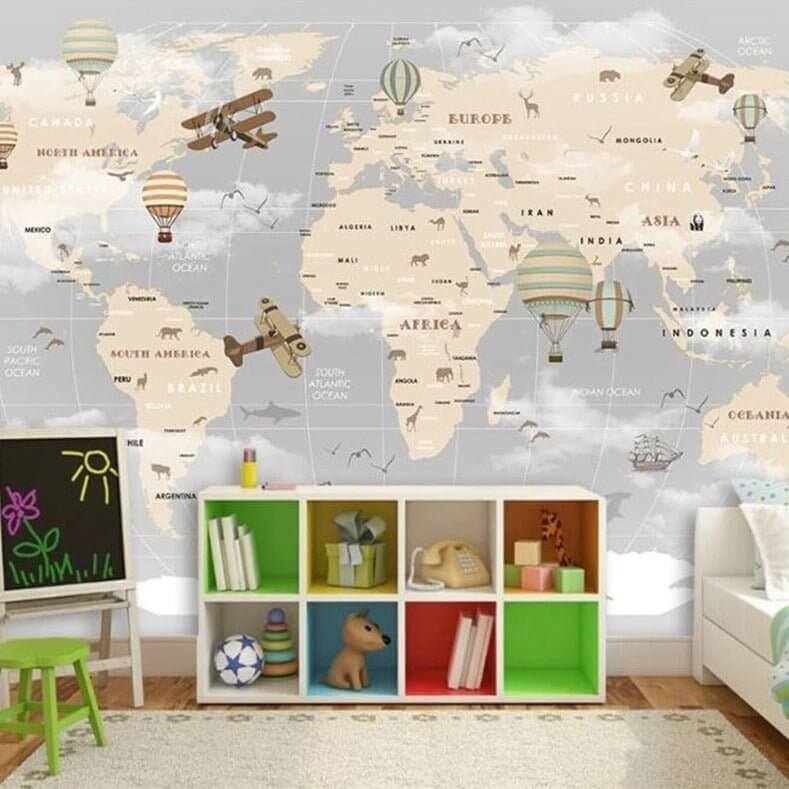 MinimalisticDecor.com-GeoExplorers: Interactive Greyish Theme World Map Wallpaper for Kids