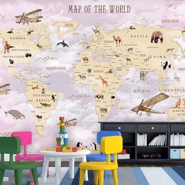 MinimalisticDecor.com-GeoExplorers: Interactive Purple Theme World Map Wallpaper for Kids