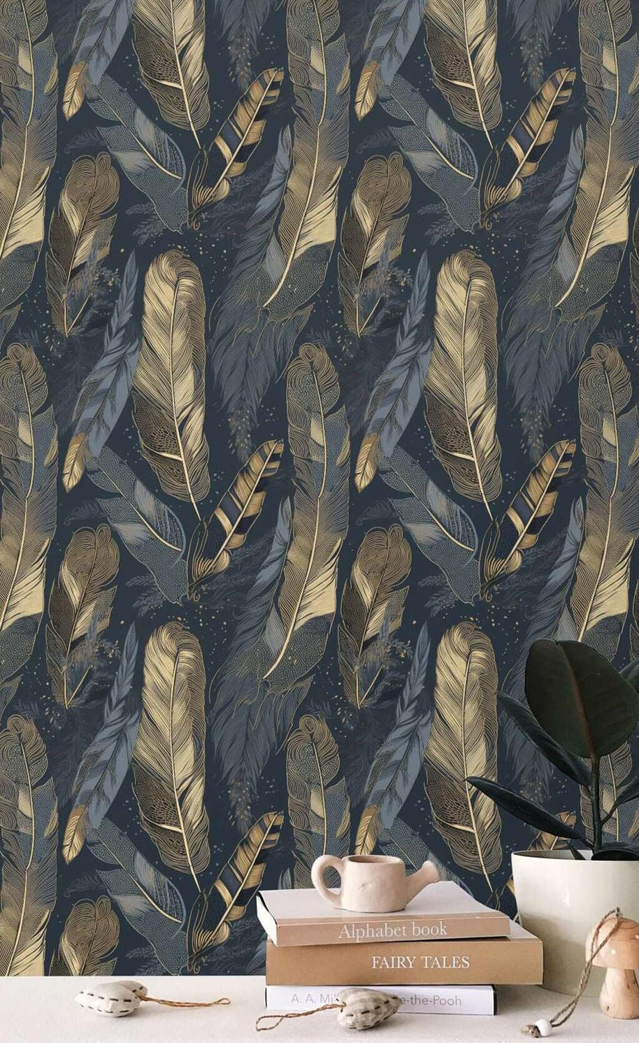 MinimalisticDecor.com-Gloden Gray Leaves Wallpaper Mural