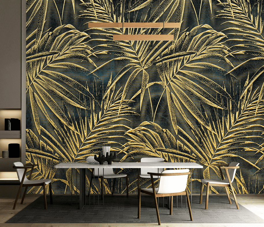 MinimalisticDecor.com-Gold Leafs Pattern Wallpaper Murals