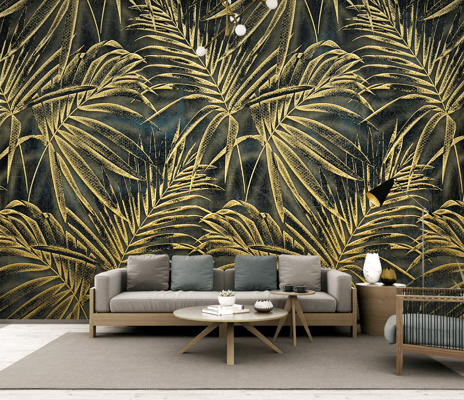 MinimalisticDecor.com-Gold Leafs Pattern Wallpaper Murals