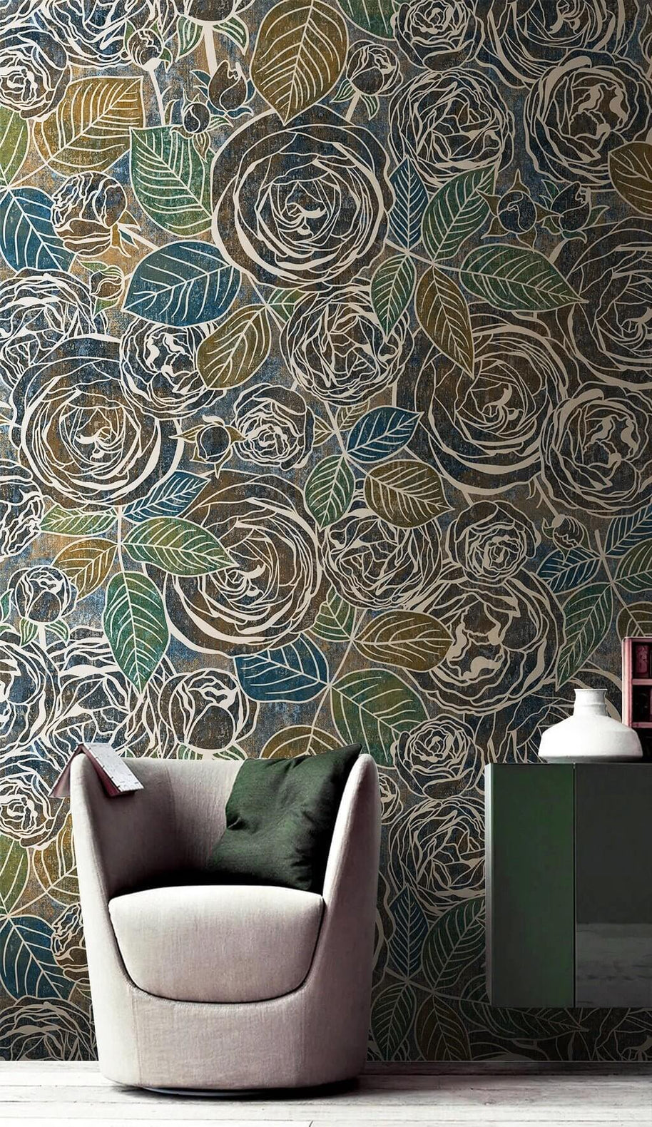 MinimalisticDecor.com-Gold Line Roses Floral Wallpaper Mural