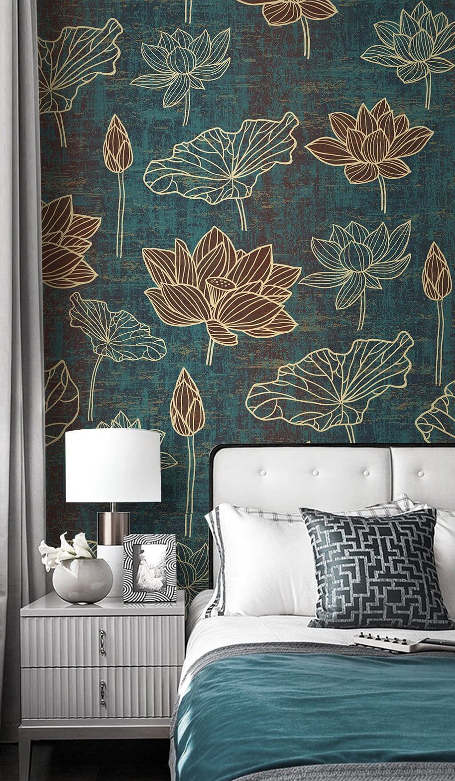 MinimalisticDecor.com-Gold Linear Floral Wallpaper Mural