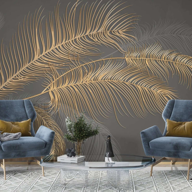MinimalisticDecor.com-Golden Leaf Wallpaper Mural: Nature-inspired Design