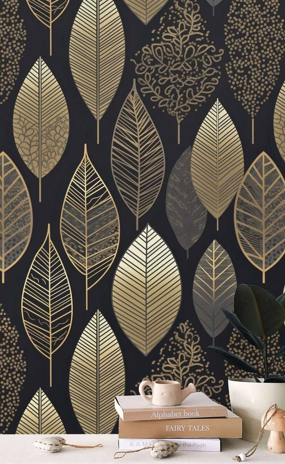 MinimalisticDecor.com-Golden Leafs Pattern Wallpaper Mural