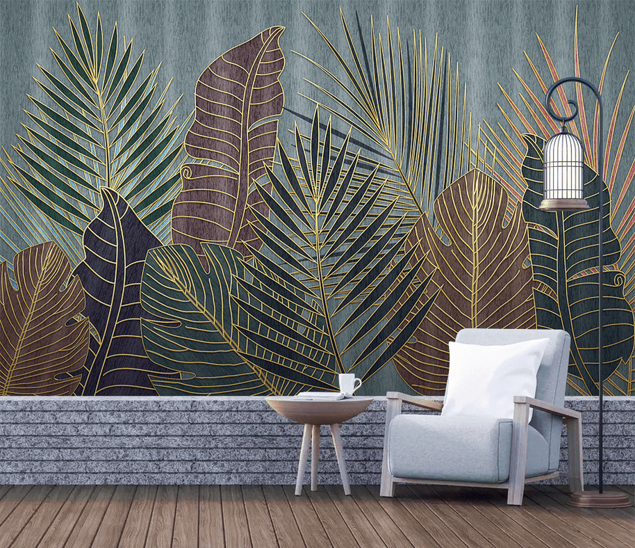 MinimalisticDecor.com-Golden line Leafs Wallpaper Murals