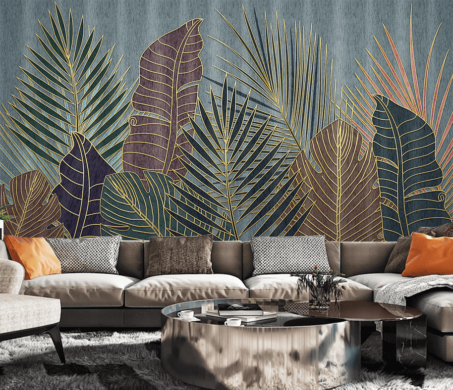 MinimalisticDecor.com-Golden line Leafs Wallpaper Murals