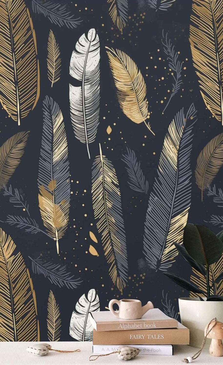 MinimalisticDecor.com-Golden Shine Leaves Wallpaper Mural