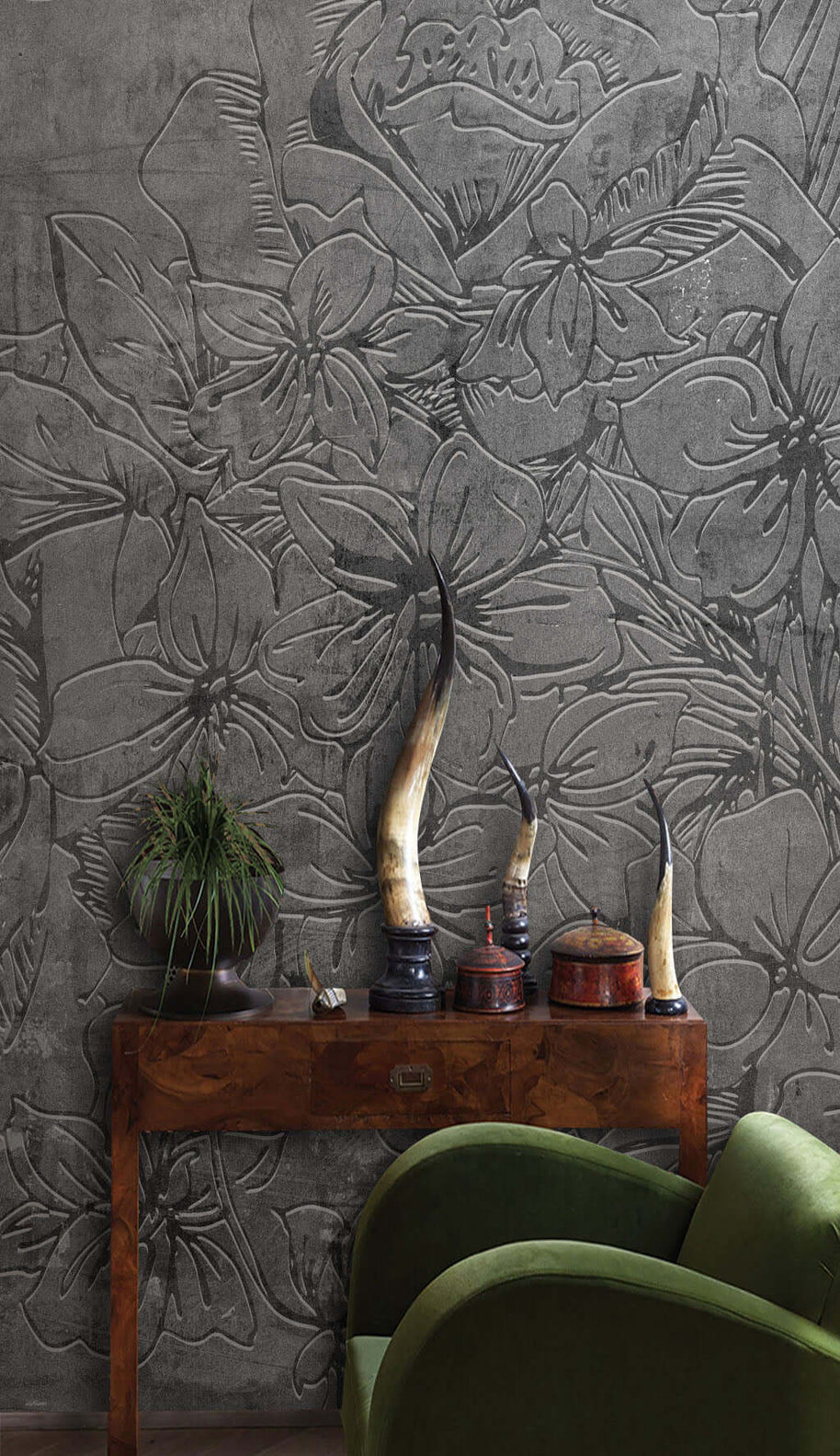 MinimalisticDecor.com-Gray Emboss Florals Wallpaper Mural