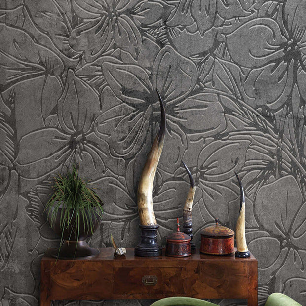 MinimalisticDecor.com-Gray Emboss Florals Wallpaper Mural