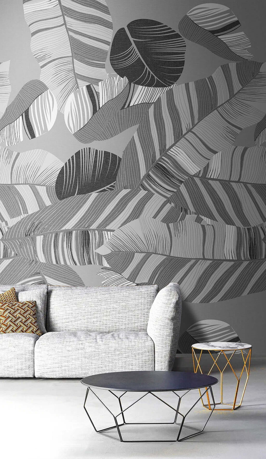 MinimalisticDecor.com-Gray Leaves Pattern Wallpaper Mural