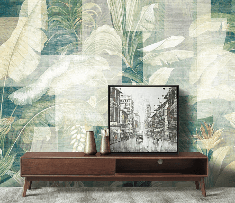 MinimalisticDecor.com-Green Geometric Leaves Wallpaper Murals