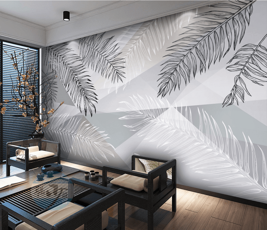 MinimalisticDecor.com-Grey Long Leafs Wallpaper Murals