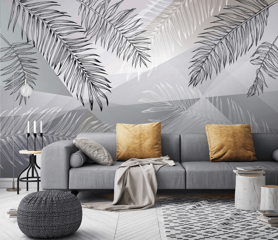MinimalisticDecor.com-Grey Long Leafs Wallpaper Murals