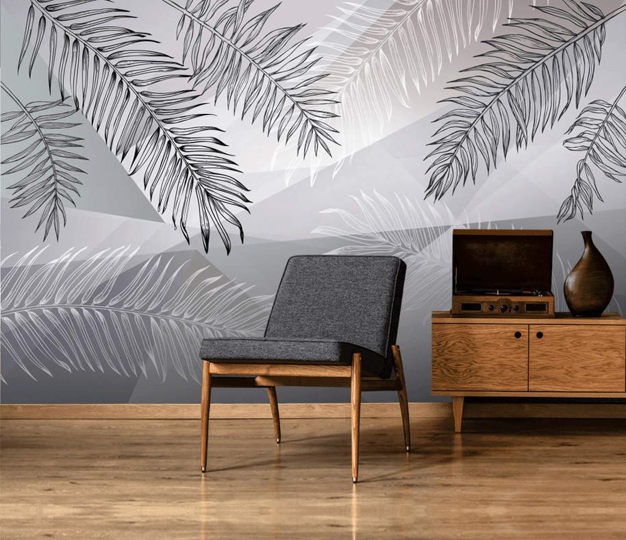 MinimalisticDecor.com-Grey Long Leafs Wallpaper Murals