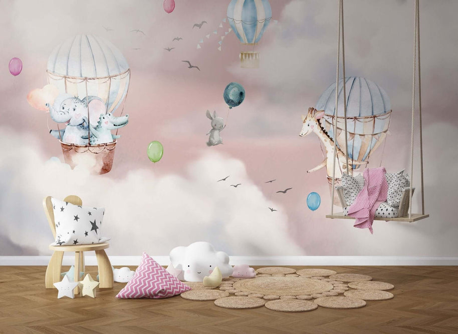 MinimalisticDecor.com-Kids Nursery Wallpaper Mural - Animals on Air Balloon