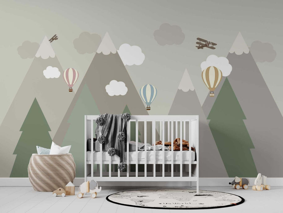 MinimalisticDecor.com-Kids Room Wallpaper Mural: Snow Alps and Planes