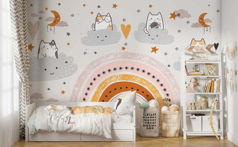 MinimalisticDecor.com-Kitty on Clouds - Girls Room Wallpaper Mural