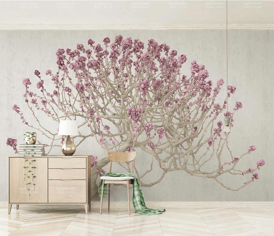 MinimalisticDecor.com-Large Pink 3D Tree Wallpaper Murals - Transform Your Walls