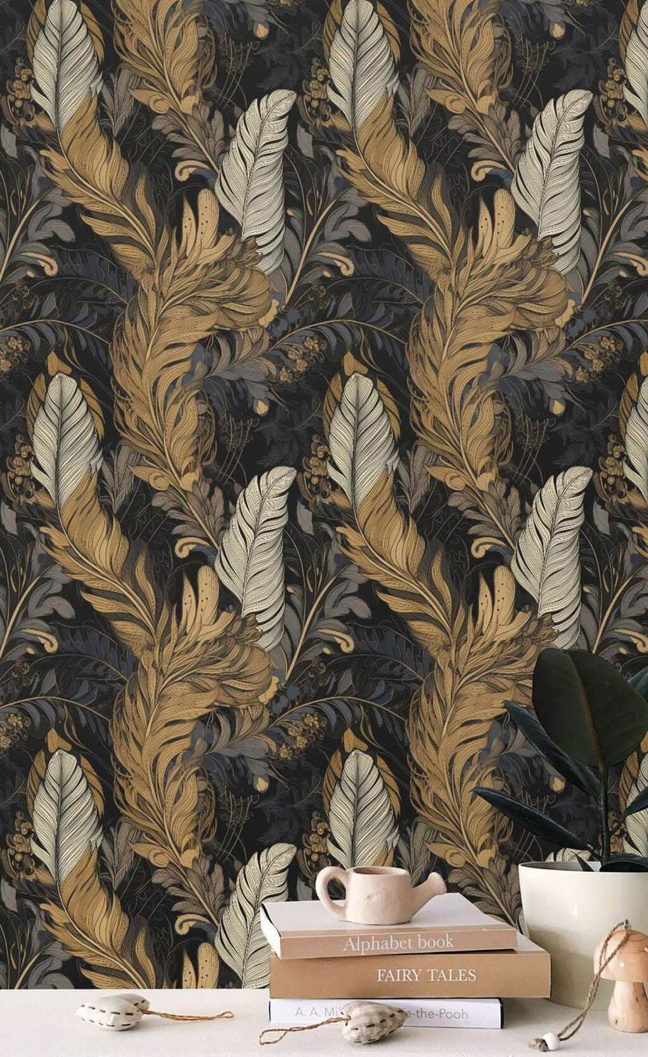 MinimalisticDecor.com-Leaves Patterm Gold Wallpaper Mural