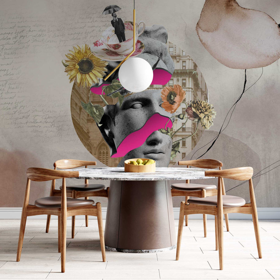 MinimalisticDecor.com-Living Room Wallpaper: Enhance Décor with a Stunning Statue