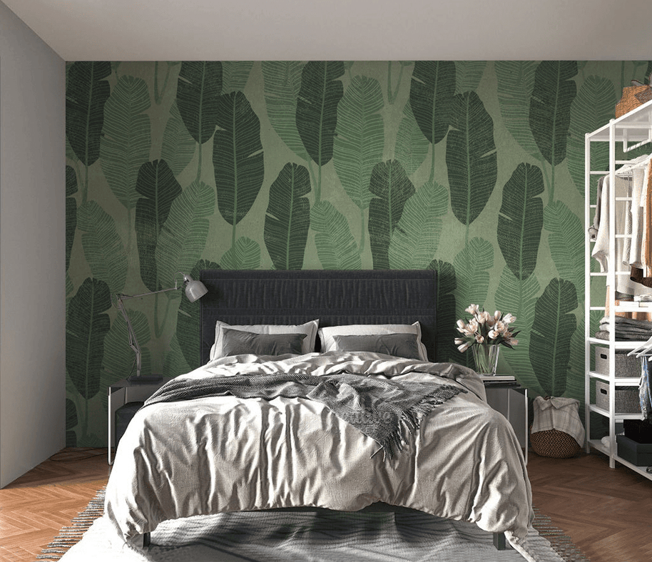 MinimalisticDecor.com-Long Green Leaves Pattern Wallpaper Murals