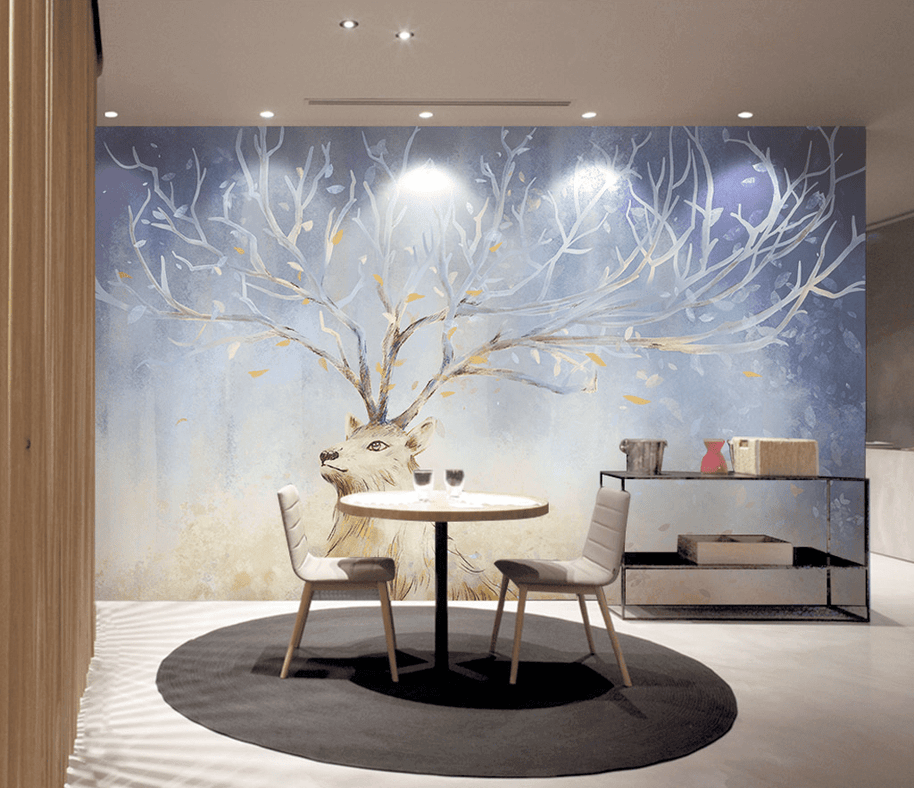 MinimalisticDecor.com-Midnight Reindeer Tree Trunks Wallpaper Mural