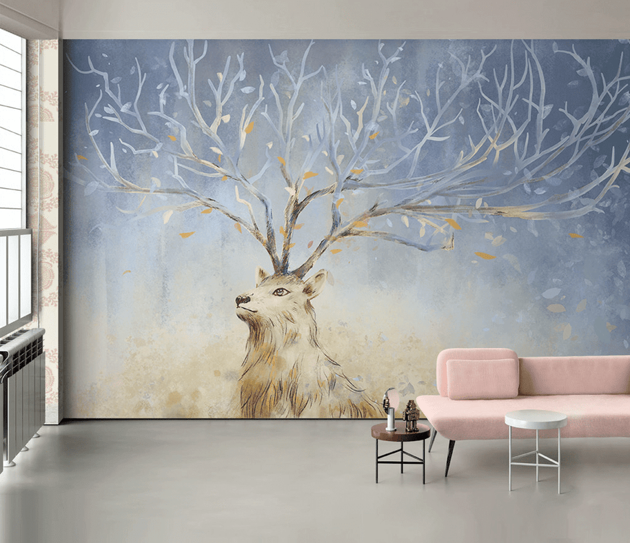 MinimalisticDecor.com-Midnight Reindeer Tree Trunks Wallpaper Mural