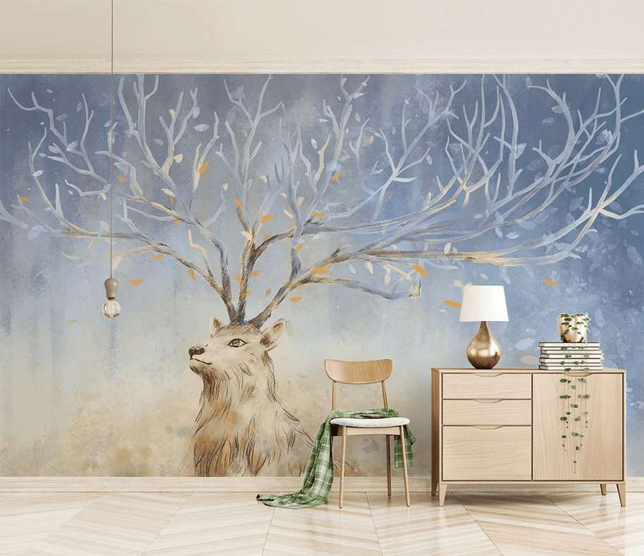 MinimalisticDecor.com-Midnight Reindeer Tree Trunks Wallpaper Mural