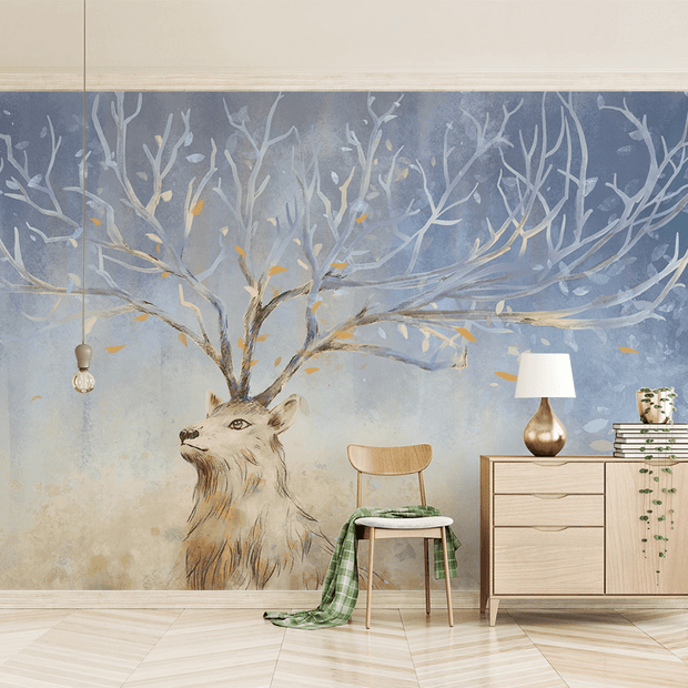 MinimalisticDecor.com-Midnight Reindeer Tree Trunks Wallpaper Mural