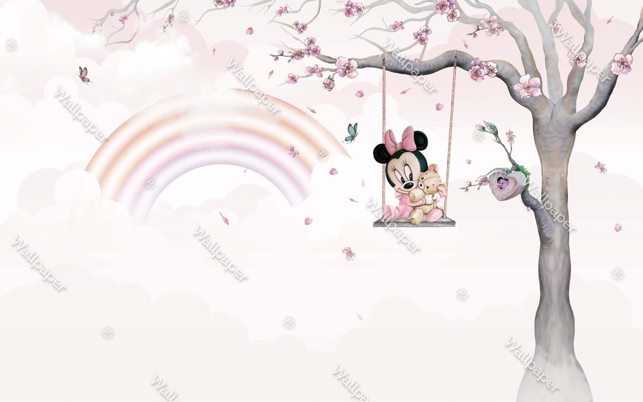 MinimalisticDecor.com-Minnie on Swing - Girls Nursery Wallpaper Mural