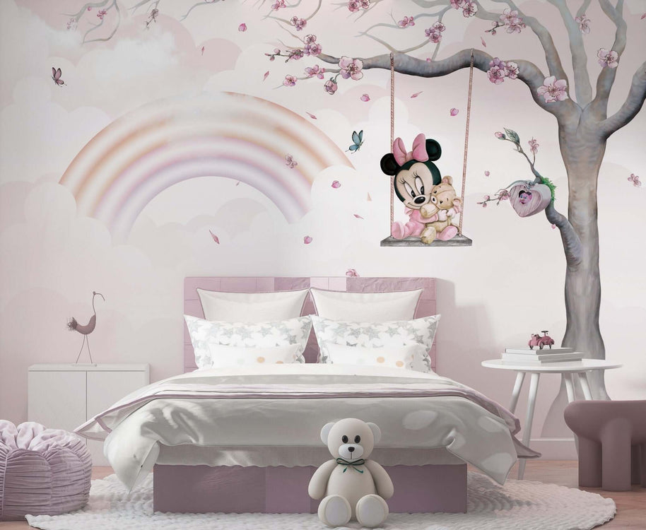 MinimalisticDecor.com-Minnie on Swing - Girls Nursery Wallpaper Mural