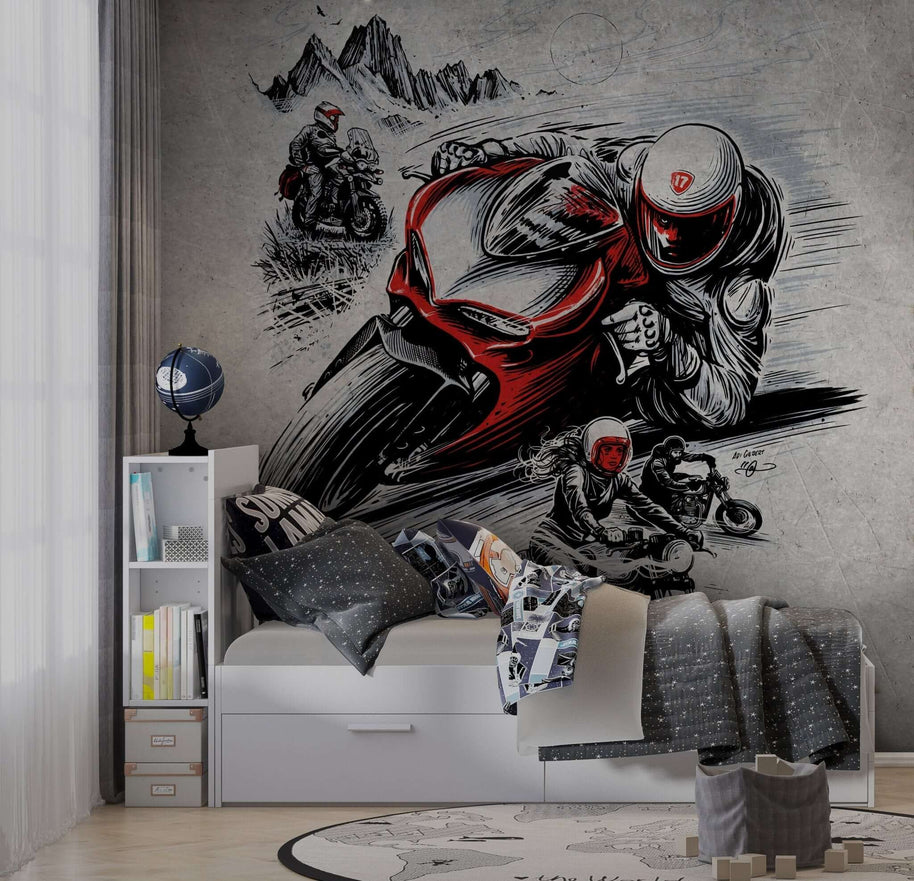 MinimalisticDecor.com-Motorbike Racing Champion Kids room Wallpaper