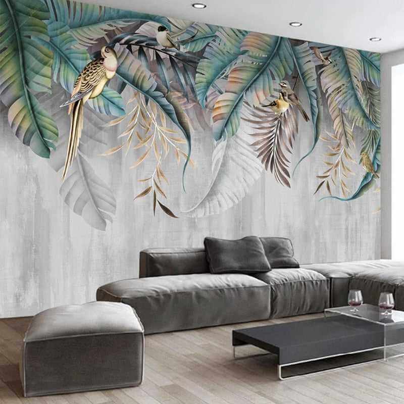 MinimalisticDecor.com-Nature's Symphony: Plant Leaves Birds Wallpaper