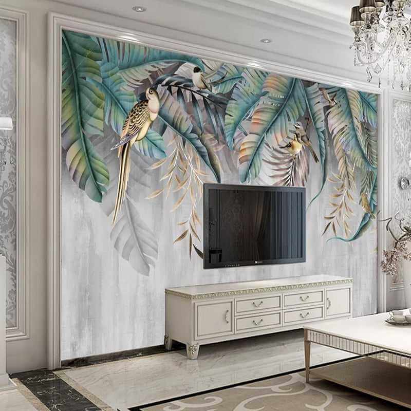 MinimalisticDecor.com-Nature's Symphony: Plant Leaves Birds Wallpaper