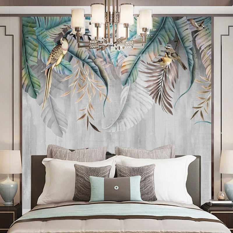 MinimalisticDecor.com-Nature's Symphony: Plant Leaves Birds Wallpaper