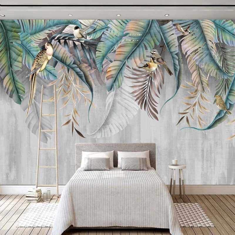 MinimalisticDecor.com-Nature's Symphony: Plant Leaves Birds Wallpaper