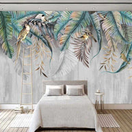 MinimalisticDecor.com-Nature's Symphony: Plant Leaves Birds Wallpaper