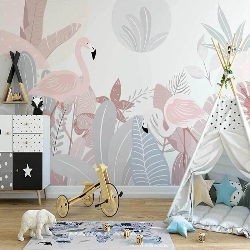 MinimalisticDecor.com-Nordic Abstract Plant Flamingo Wallpaper for Home Wall Decor